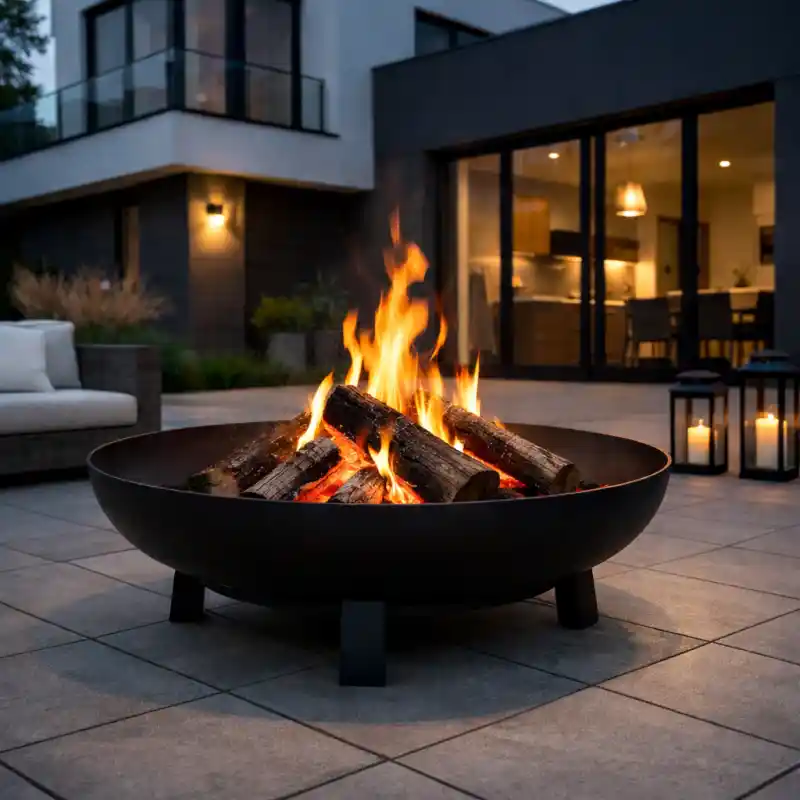 Et bålfad på en terrasse foran et moderne hus
