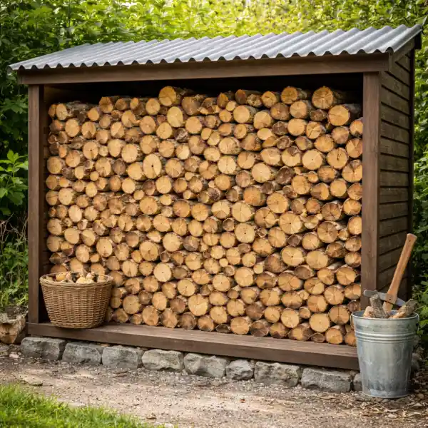 overdækket brændestak i have