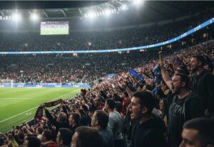 Publikum på tribune til fodboldkamp