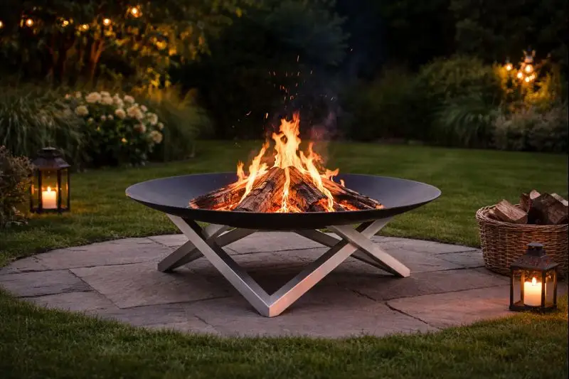 Bålfad i rustfrit stål i en have. bålfadet står på fliser i en græsplæne.